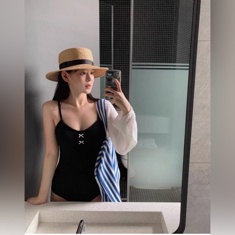 Black One-Piece Swimsuit with Decorative Front Ties